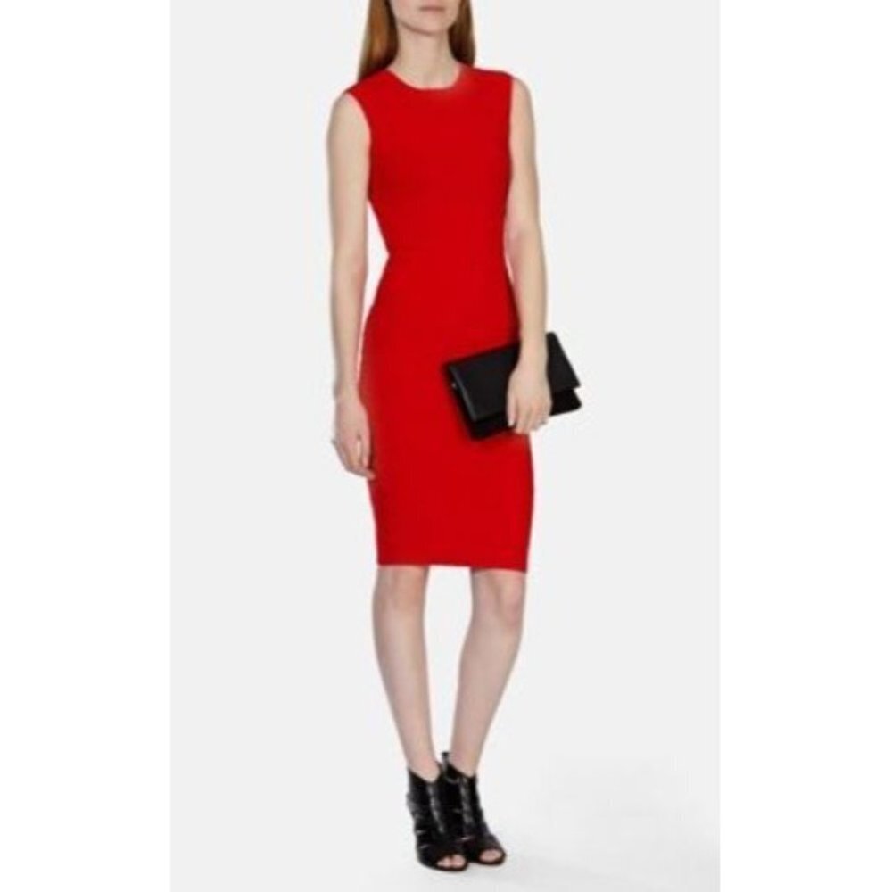 KAREN MILLEN Tomato Red Dot Texture Knit Sleeveless Sheath Dress Size 3/L